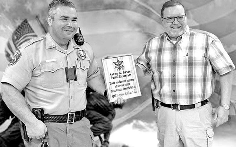 The Titus County Sheriff’s Office recognized Patrol Lieutenant Aaron Baxter for 20 years of service during a ceremony this week. TCSO officials lauded Lt. Baxter for his hard work, dedication and professionalism as well as his selflessness and bravery in the line of duty. “His unwavering commitment to ensuring the safety and security of the community is truly admirable. We are fortunate to have someone like Lt. Baxter serving as a Patrol Lieutenant,” officials said. COURTESY PHOTO
