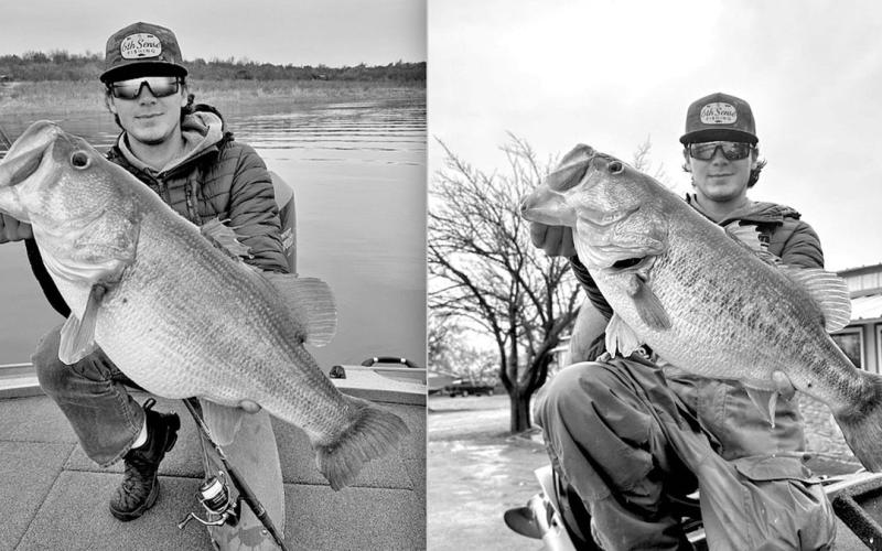 Dalton Smith, 24, with the 14.69 (left) and 14.26 pounders he boated on December 30, just hours apart, on Lake O.H. Ivie. Both were caught on light spinning tackle. Smith’s Wild, Wild West encounter prompted him quit his job in Kentucky and relocate to Texas less than a week later to launch a guide business on the 19,000-acre reservoir. PHOTOS COURTESY OF DALTON SMITH/COLE LOGSDON