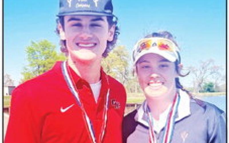 The Chapel Hill golf teams claimed two individual medals and a team championship during the North Hopkins Invitational golf tournament Monday in Sulphur Springs. Tristan Davis finished third overall in the boys standings and Katie Hart won the girls’ tournament. The Lady Devil golf team won the overall team title, as well. COURTESY PHOTO