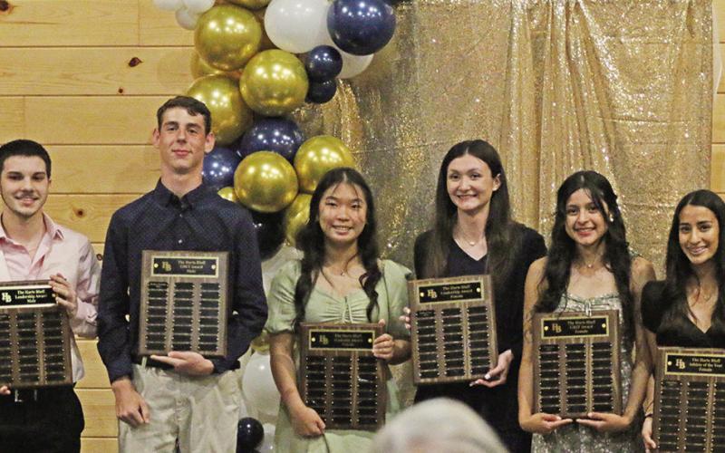 Harts Bluff’s first yearly awards were handed out at the sports banquet, held May 9. From left are boys Leadership Award winner Avyn Carrington, boys Grit Award winner Matthew Rowland, girls Academic Award winner Kaithlin Le, girls Leadership Award winner Kaitley Green, girls Grit Award winner Alexa Arzate and girls Athlete of the Year Perla Solorio. Not pictured are boys Academic Award winner David Lopez and boys Athlete of the Year Jose Garcia. TRIBUNE PHOTO / QUINTEN BOYD