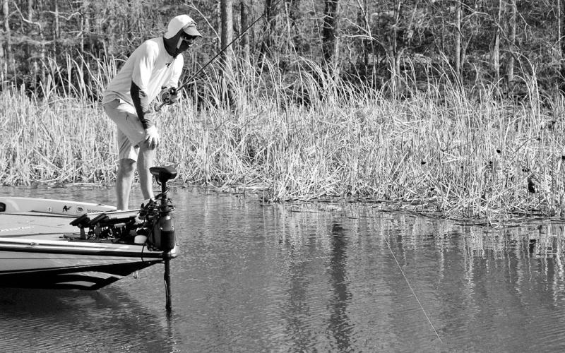 Todd Driscoll eyeballs a bass on a spawning bed in about three feet of water. Sight fishing for bedding bass is a boyish rite of spring that many anglers look forward to every year.
