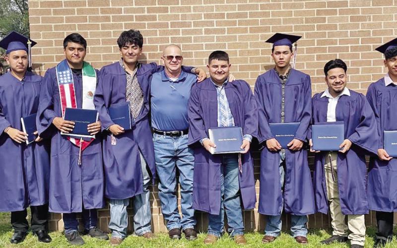 (L to R) Oscar Otero, Alan Zermeno, Jeremiah Segovia, Juan Vaquera, instructor Tim Davis, Humberto Ramirez, Jorge Barrientos, Sebastian Campos, Rivercrest student, Erman Hensel from EDH Electric