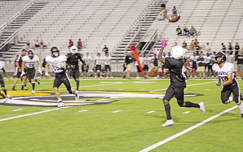 TRIBUNE PHOTO / QUINTEN BOYD Mount Pleasant’s Zay Barksdale hauls in a pass during Friday’s scrimmage against Pleasant Grove. The Tigers will scrimmage at Greenville Friday evening.