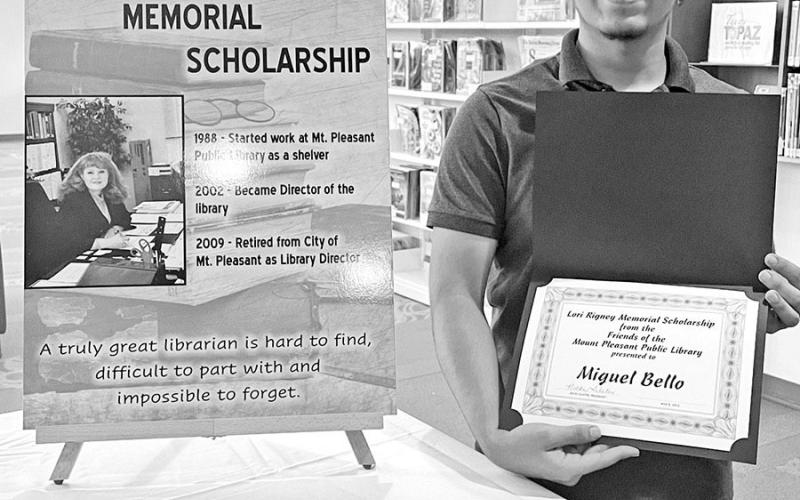 Chapel Hill senior Miguel Bello received the Lori Rigney Scholarship from the Mount Pleasant Friends of the Library. The scholarship honors former Mount Pleasant Public Library Director Lori Rigney, who served in that position from 2002-09. COURTESY PHOTO