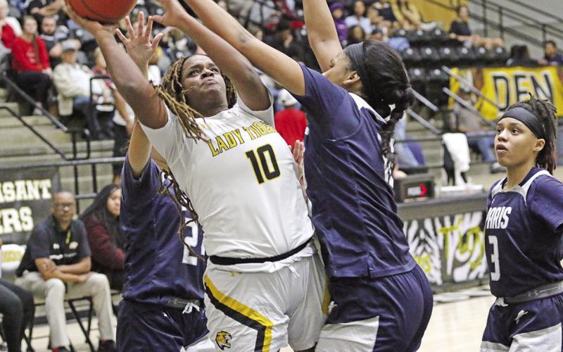 Jordyn Hargrave battles through the Paris defense for a layup during Tuesday’s game. The Lady Tigers remained undefeated on the season with a 56-25 win over the Ladycats. TRIBUNE PHOTO / QUINTEN BOYD