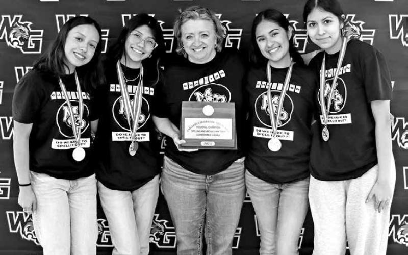 The Regional Champion and State Qualifying UIL Spelling team (L to R) Karen Hernandez, Brissia Alvarez, Coach Gina Crouch, Jenny Luna, Wendy Valdez COURTESY PHOTOS