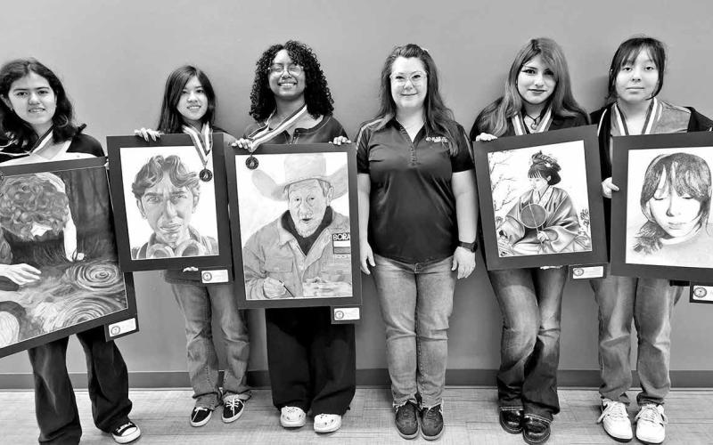 MPHS VASE State medalists (L to R) Vanessa Aspeitia, Michelle Garrett, Kiara Mickens, MPHS Art teacher Laura Kirkland, Dayanara Pulquero, Jaydy Martinez