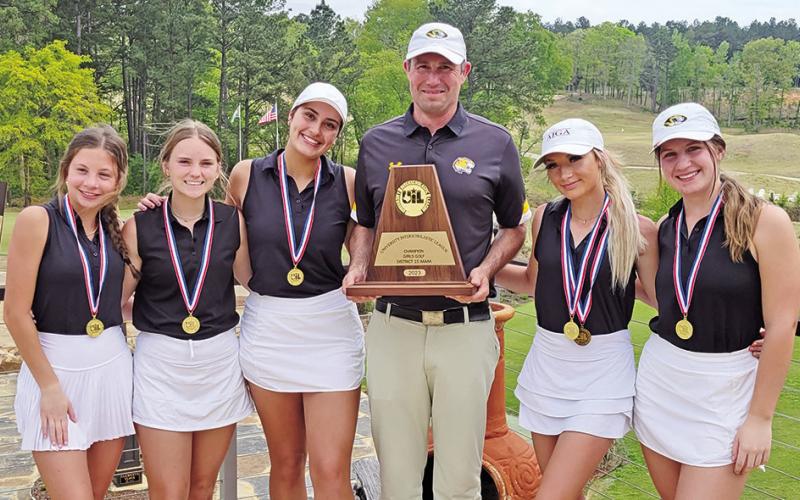 Lady Tiger Golf (L to R) Caroline Currey, Olivia Reed, Sophie Greco, Coach Benny Blaser, Kylee Strickland, and Reese Ball COURTESY PHOTO