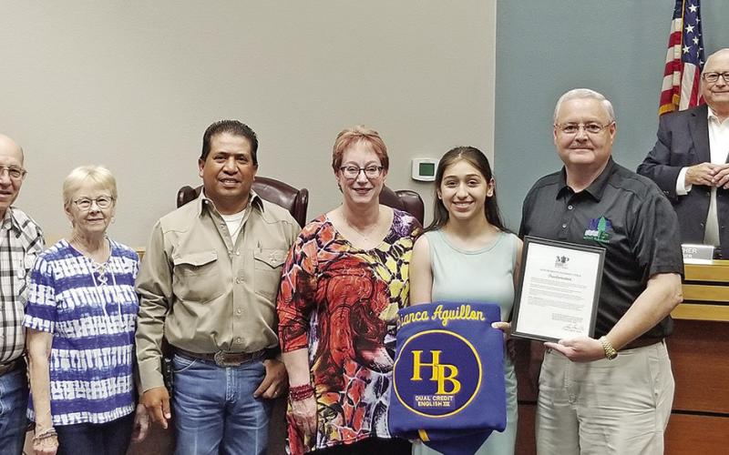From left, grandparents, EJ Kemp and Brenda Kemp; parents, Ramiro and Amanda Aguillon; Bianca Aguillon; Mayor Pro Tem Tim Dale and City Manager Ed Thatcher. COURTESY PHOTO