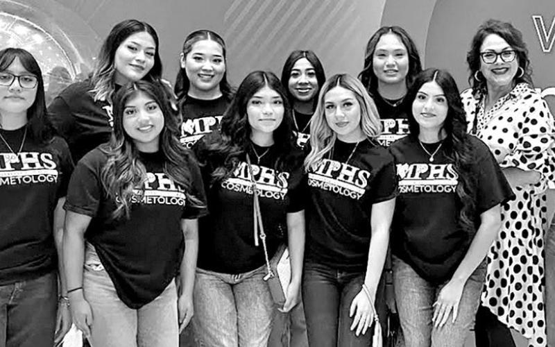 Cosmetology II class members at the Premiere Hair Show in San Antonio. Back row (L to R) Vanessa Ramirez, Tania Rangel, Amy Carrillo, Raquel Martinez, Cosemtology program instructor, Aleshia Rivera, Jennifer Pena. Front row (L to R) Bryanna Nava, Dori Macedo, Yoselin Lopez, Perla Gaytan, Lesly Canada COURTESY PHOTO