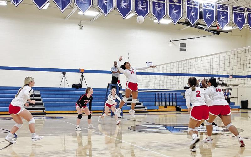 COURTESY PHOTO Cailyn Johnson jumps for a spike during play at the 2022 Spikers Classic in Redwater last weekend.