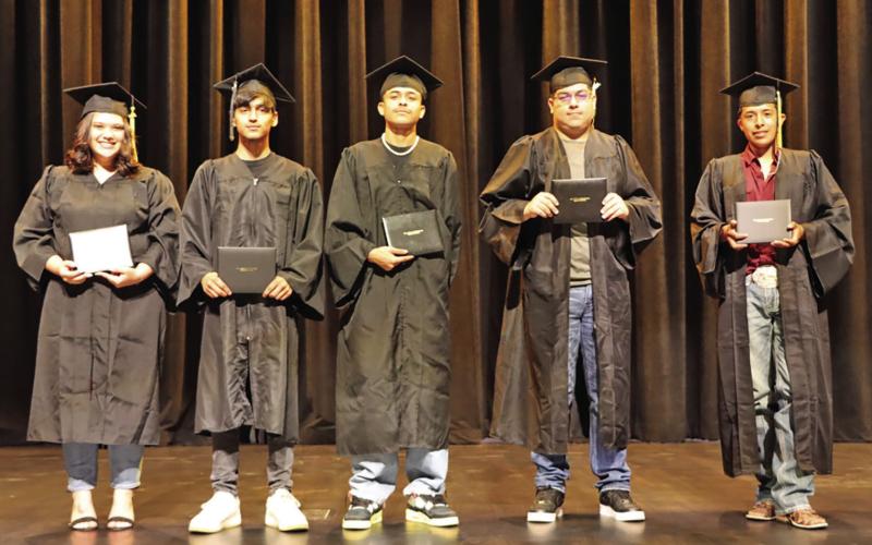 MPHS summer graduates (left to right) Zoey Vasquez, Erick Rodriguez, Oscar Olea, Rodolfo Castro, Ismael Aguilar COURTESY PHOTO