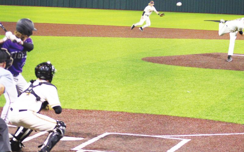 Drew Dyke struck out eight and allowed just two hits in Mount Pleasant’s 8-0 win over Mount Vernon Thursday. The Tigers opened district play Tuesday at Sulphur Springs. TRIBUNE PHOTO / QUINTEN BOYD
