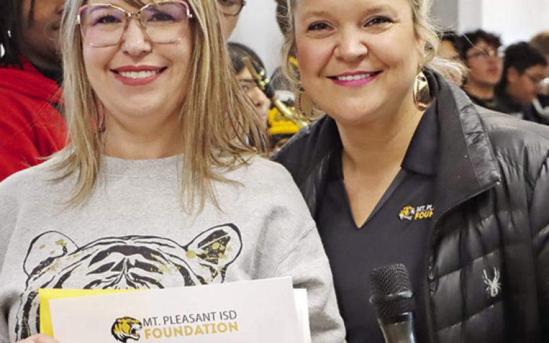 Margaret Bradley (left), MPHS Fashion Design teacher, shows off her $1703.02 grant with Foundation member, Becca Bell