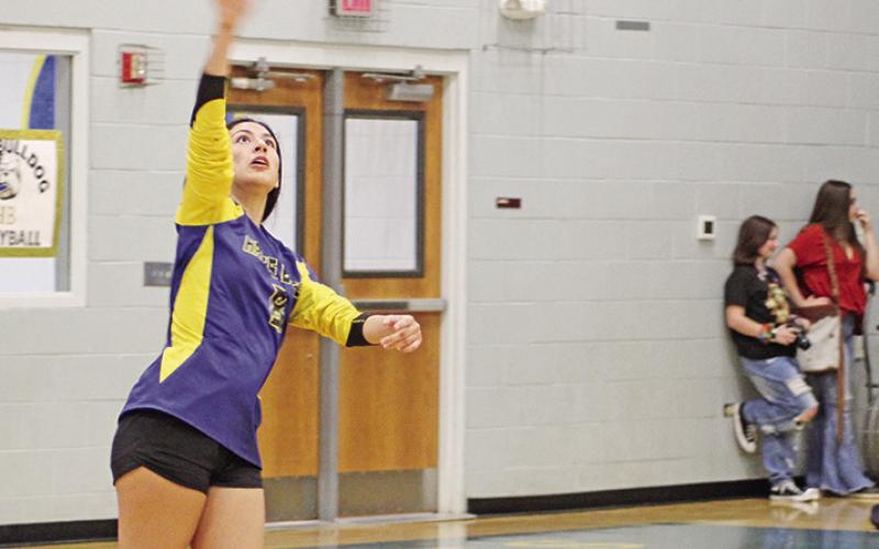 Anay Solorio serves during a recent match. Harts Bluff will take part in the school’s first-ever UIL playoff game next week, likely against Ore City. TRIBUNE PHOTO / QUINTEN BOYD