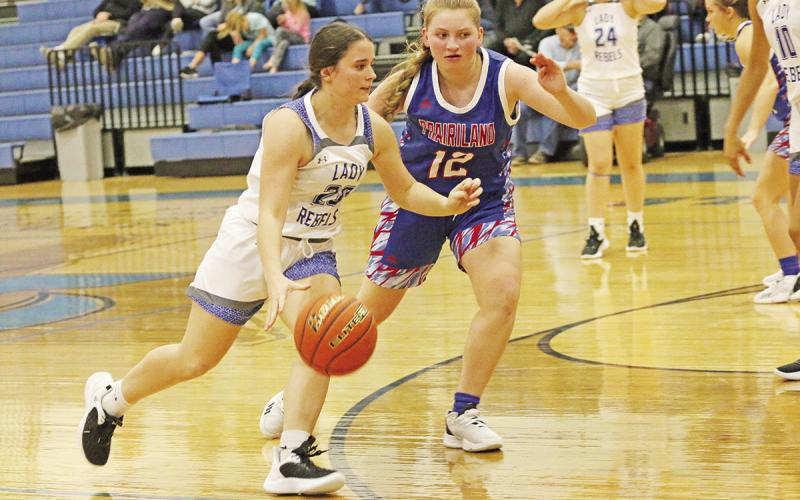 Rivercrest’s Stoney Carey drives toward the basket during a recent game. The Lady Rebels took part in the North Hopkins Tournament this weekend. TRIBUNE PHOTO / QUINTEN BOYD