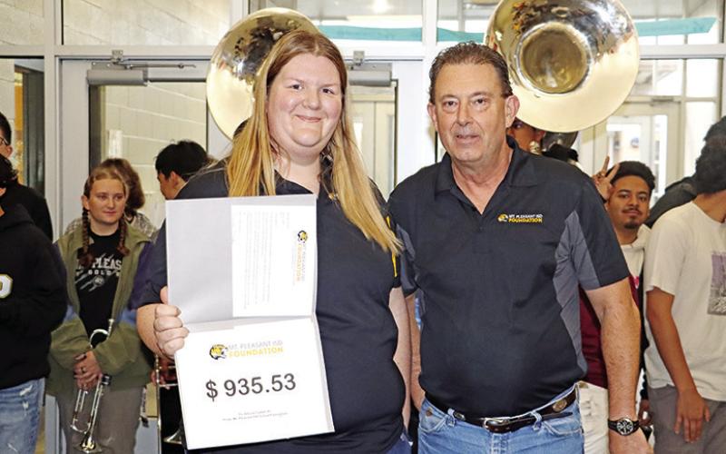 MPJH teacher, Allison Caddel (left), receives a grant from Foundation member, Jeff Turner (right)