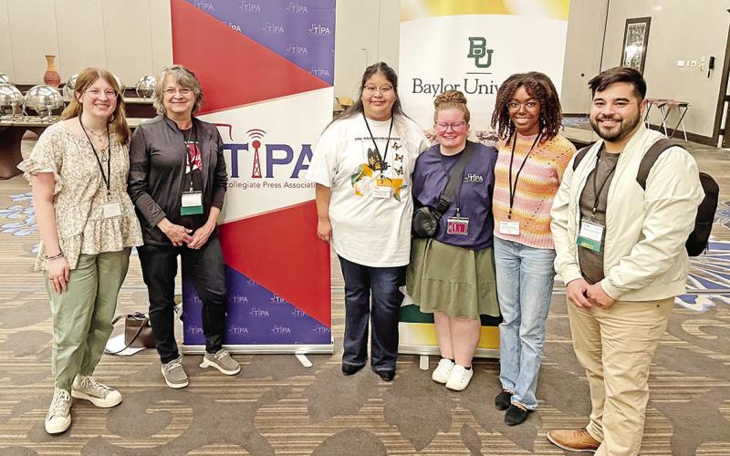 Staff members of NTCC’s The Eagle newspaper recently attended the 2023 Texas Intercollegiate Press Association and received a total of 23 awards, including a first place best in show award. Pictured with staff advisors Mandy Smith (second from left) and Daniel Sanchez (right) are staff members Abigail Barnard, Liliana Torreblanca, Skylar Fondren and Paisley McGee. COURTESY PHOTO