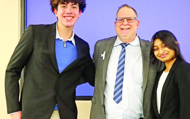 24-25 FBLA Area VI Parliamentarian Alessandro Greco (left), MPHS Lead FBLA Advisor John Whitten (center), and 24-25 FBLA Area VI President Gopi Amin