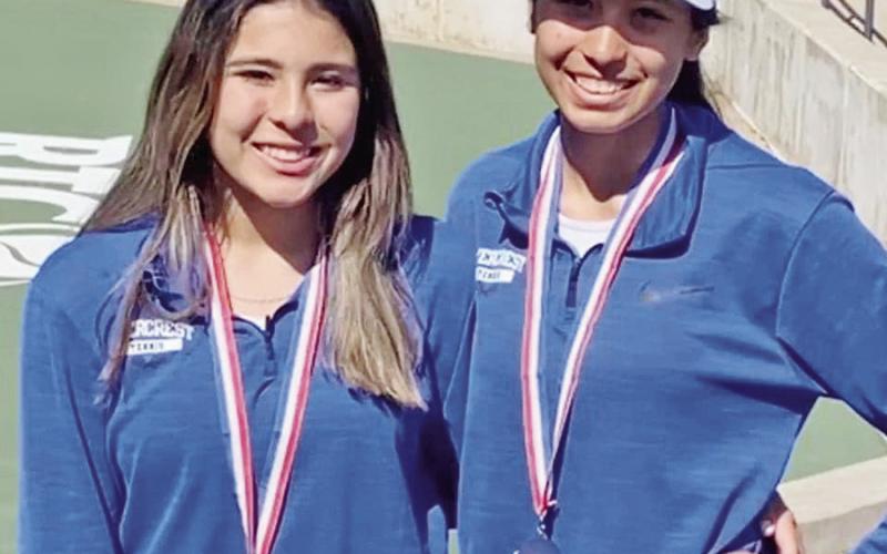 Sisters Diana (left) and Selena Kelley of Rivercrest won the 2A Region II girls’ doubles title at their regional tournament this week in North Richland Hills. The duo will advance to the state tennis tournament at San Antonio’s Blossom Tennis Center April 25. COURTESY PHOTO