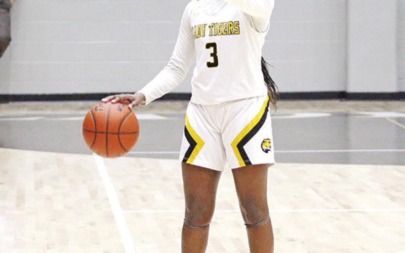 Mount Pleasant’s Paris Beard gives instructions during a recent game. Beard finished with 16 points as the ranked Lady Tigers held off Longview, 39-38, Friday evening. TRIBUNE PHOTO / QUINTEN BOYD