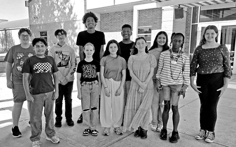 MPJH All-Region Choir members: 1st row (L-R) Aiden Rodriguez, Belle Erickstad, Isabella Meeks, Raimee Kilgore, and Kashayla Dawson. 2nd row (L-R) Dannen Carroll, Spencer Anderson, Damion Haley, Quaydan Webster, Alejandra Martinez, Madison Southern Courtesy Photo