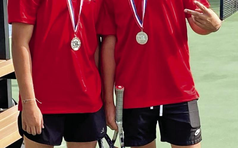 Chapel Hill’s Rhett and Kade Barley finished second in the regional tennis tournament this week to punch their tickets to the state tournament. The Barleys won first in boys doubles in three tournaments this year -- at Ore City, Atlanta and in the district tournament in Quitman. The Barleys will play at the state tournament at San Antonio’s Annemarie Tennis Center April 25-26. COURTESY PHOTO