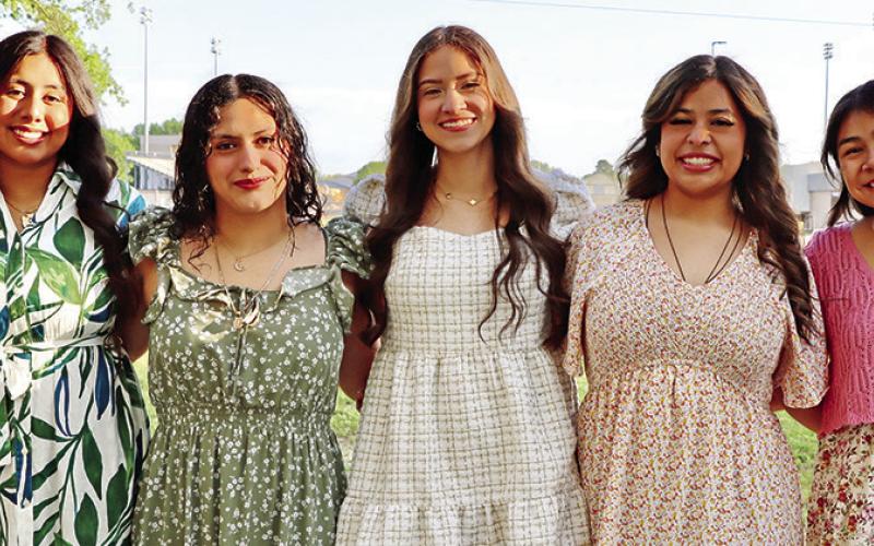 The 2025-2026 Colorguard officers (L to R) Lieutenant Emily Ortiz, Lieutenant Valeria Bello, Co-Captain Sofia Estrada, Captain Esme Perez, Co-Captain Andrea Garcia, Lieutenant Karyme Sanchez, Lieutenant Aaliyah Gholston COURTESY PHOTO