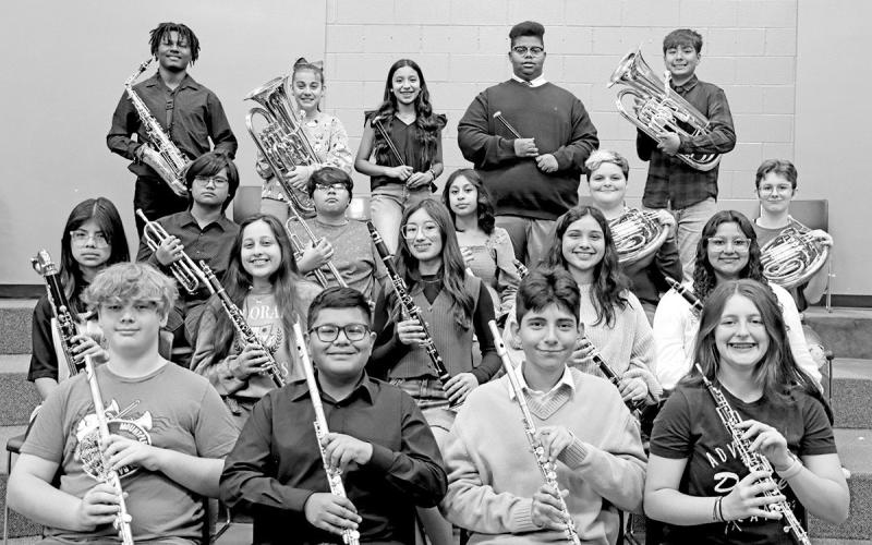 MPJH members of the 2022 All-Region Band. Row 1 (L to R): Lachlan Miles, Alfredo Santillan, Bryan Garcia, and Alba Zeqaj. Row 2 (L to R): Cielo Lopez, Odalys Mejia Beltran, Diana Ramirez, Ana’Liece Guerrero, and Heidi Martinez. Row 3 (L to R): Adriel Bagsic, Sebastian Contreras, Itzel Bello, Zachary Newman, and Sara Vanhoose. Row 4 (L to R): Isaiah Shepherd, Maria Beltran, Dalia Balderas, Jamaree Armour, and Kaleb Memije. Not Pictured: Lance Albin and Cindy Valle COURTESY PHOTO