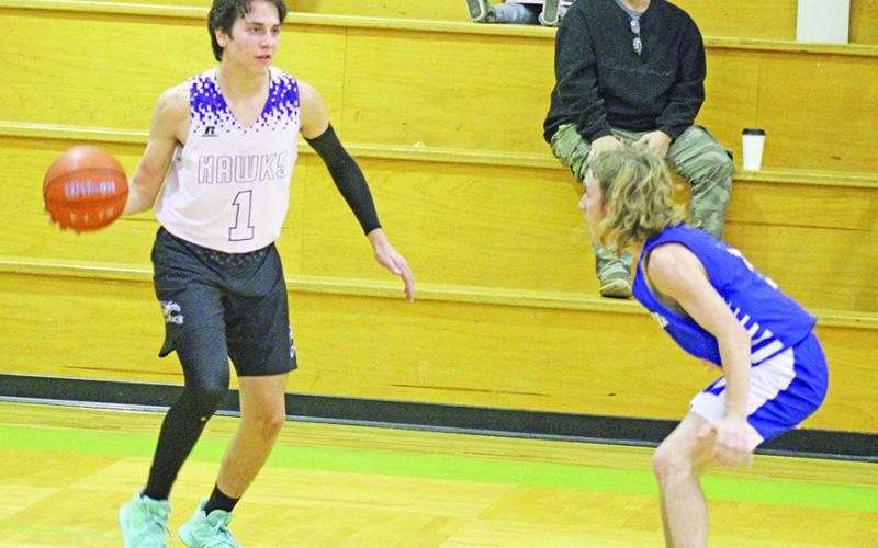 CHAAMP’s Caelan DeLisi prepares to run the offense during last week’s game against Sulphur Bluff. DeLisi finished with 21 points as the Hawks won over the Bears, 69-42. COURTESY PHOTO / DJ SPENCER, SULPHUR SPRINGS NEWS-TELEGRAM