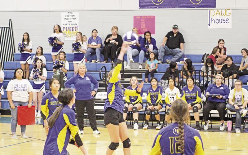 Harts Bluff’s Kaylee Clay smashes a return during a recent game. The Lady Bulldogs, 1-1 in district play, traveled to Detroit Tuesday. TRIBUNE PHOTO / QUINTEN BOYD