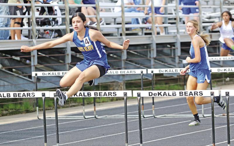 Harts Bluff’s Alexa Arzate won the 100 meter hurdles at Wednesday’s 15-16 2A Area Track Meet, held in Cooper. Arzate also advanced to regionals in the 3,200 meters and as part of Harts Bluff’s 4x400 meter relay team.