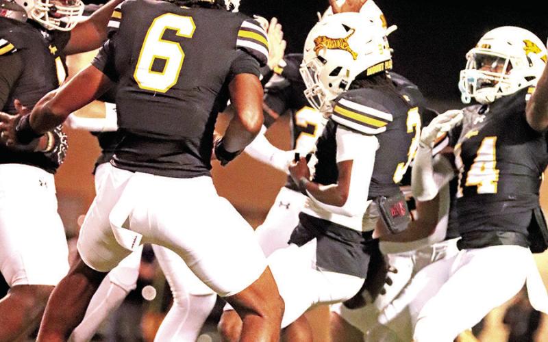The Tiger defense celebrates after one of many 3rd down stops against Jacksonville.
