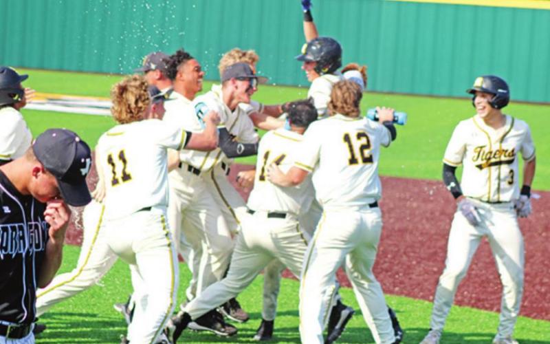 The Mount Pleasant Tigers mob Jacob Bristow after his walk-off RBI single in game two of their bi-district series against Nacogdoches. Unfortunately, the Tigers fell in the series, 2-1. TRIBUNE PHOTO / QUINTEN BOYD