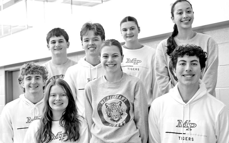 The 2025-2026 MPHS Tiger Swim team Regional attendees (L to R): 1st row Cohen Gillean, Emelia Ethridge, Logan Latiolais, Alessandro Greco. 2nd row George Fite, Hayden Harvill, Ava Fite, Joseline Hernandez Courtesy Photo