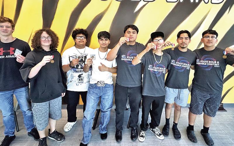 MPHS Goin’ Gold Band UIL State medalists (L to R) Luke Thurman, Aaron Waldrep, Pedro Castillo, Armando Molina, Angel Farias, Jesus Mata, Oscar Castellanos, Bruno DeLeon. Not pictured: Grace Zittel COURTESY PHOTO