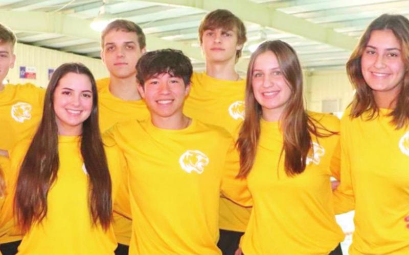 The Mount Pleasant Swim Team (L-R): Kate Ball, Eli Rider, Grelyn Goolsby, Jack Welborn, Hugo Bernardi, Jacob Elliott, Reese Ball, Sophie Greco PHOTOS BY JERILYN GOOLSBY