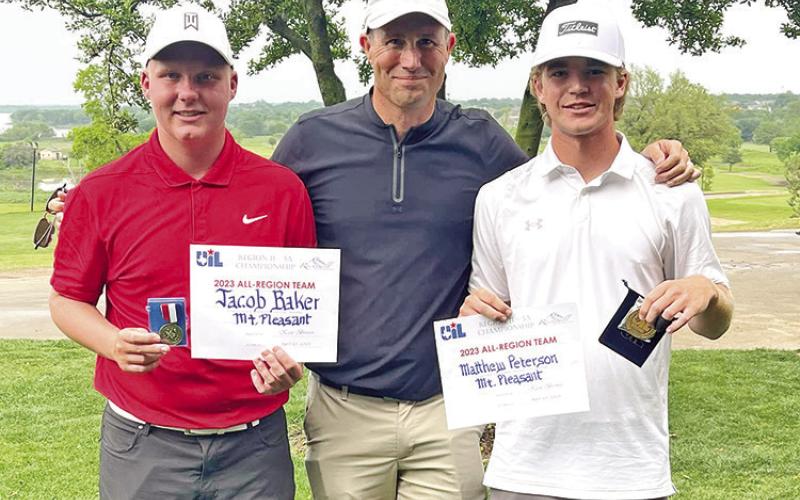 Mount Pleasant golfers Jacob Baker (left) and Matthew Peterson (right) both advanced to the state golf tournament after strong finishes in the regional tournament in Rockwall this past week. Baker and Peterson were both named all-district in 15-5A -- Peterson for the third time -- and both were named to the all-region team after their performances at the regional tournament. The boys’ state tournament will be held at Georgetown’s White Wing Golf Course May 22-23. COURTESY PHOTO