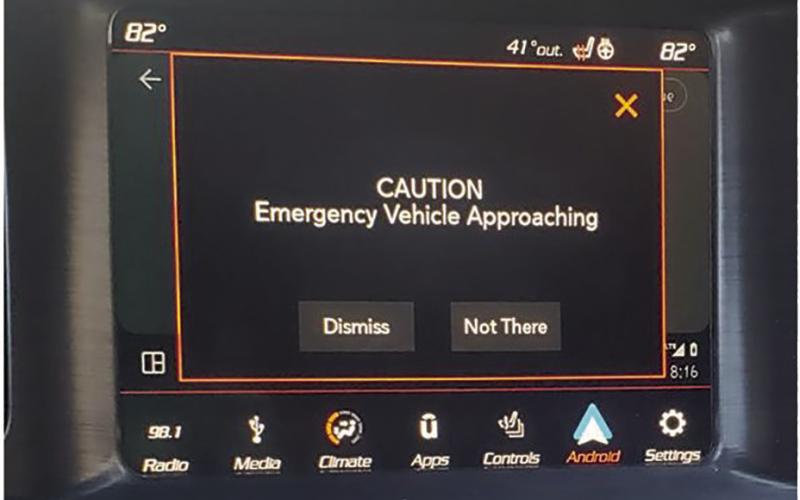 Several ambulances of the TRMC EMS fleet will soon utilize HAAS Alert’s Safety Cloud to inform drivers of nearby emergency vehicles via messages delivered to smartphones and vehicle infotainment consoles, as demonstrated above. COURTESY PHOTO