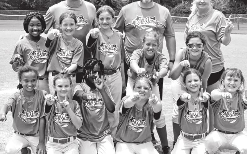 Titus County Allstars 10U – Top row: Coaches-Joshua Hatfield, Matt Dunn, and Savannah Terrell. Middle Row: A’Leejiah Washington, Kylee Shumate, Kinley Hatfield, Alli Taylor, Kinsley Marshall. Bottom Row: Ryleigh Watkins, Eastyn Dunn, Madison McCoo, Kammie Terrell, Lankston Holderness, Tenley Marshall. COURTESY PHOTO