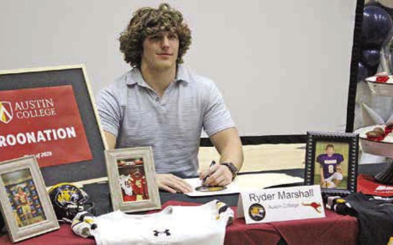 Tiger football player Ryder Marshall signed his letter of intent with Austin College in Sherman. The Kangaroos are part of the Southern Collegiate Athletic Conference of NCAA Division III and went 1-9 last season. COURTESY PHOTO