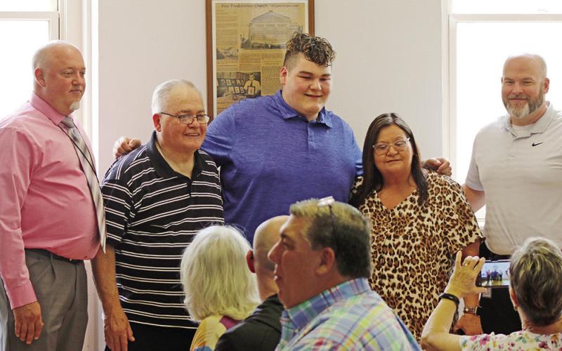 Chapel Hill senior Rylee French was one of two recipients of the Mount Pleasant-Titus County Retired School Personnel Association’s annual scholarships. He is pictured with, from left, Chapel Hill superintendent Daniel Pritchett, father Ronnie, mother Tammy and Chapel Hill High School principal Matt Dunn.