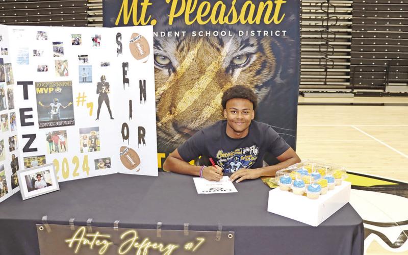 Mount Pleasant safety/linebacker Antez Jeffery signed his letter of intent to play college football at Texas A&amp;amp;M Commerce during a signing event Thursday afternoon. COURTESY PHOTO / JOHN WHITTEN