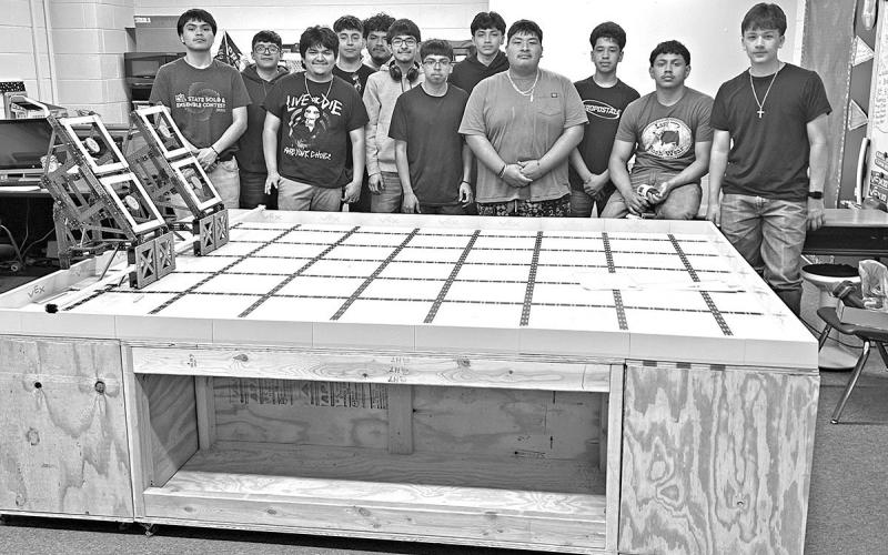 Mount Pleasant High School students with one of the tables they built for MPISD Elementary Robotics COURTESY PHOTO