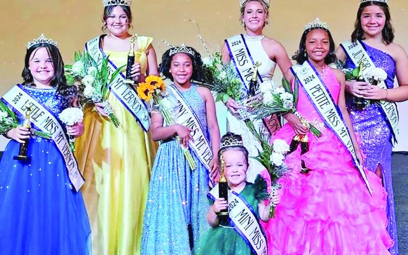 2024 title holders gathered for a photo after the pageant. Division winners were: first row – center, Hazleigh Davila; second row, left to right, Khloe Smith, Brently Maull, Jaylee Ware; and back row, left to right, Kolbi Baze, Addison Ingram, and Lillie Ann Ellis. COURTESY PHOTO