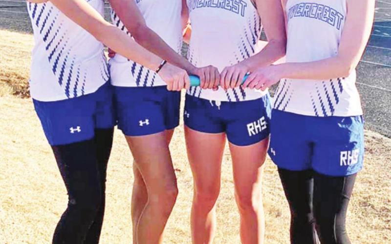 The Rivercrest Lady Rebel 4x400 meter relay team of Diana Kelley, Selena Kelley, Lauren Kasal and Allie Cheatwood finished fourth in their race at Thursday’s Honey Grove Warrior Relays. COURTESY PHOTO