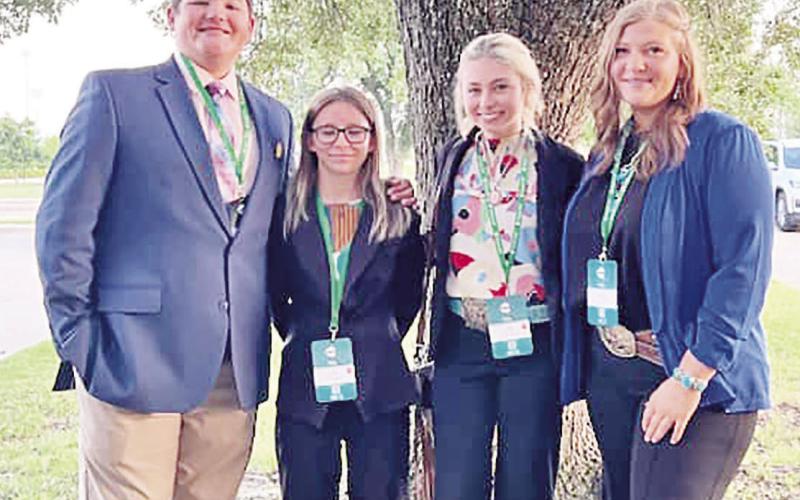 The Titus County 4-H livestock judging team of Gunner Rodgers, Keelie Gibson, Raini Taylor and Leah Schmitt competed in the State 4-H Roundup this week in College Station, finishing seventh in the high point overall team standings. “This was a great first 4-H roundup for these members,” group leaders said. COURTESY PHOTO