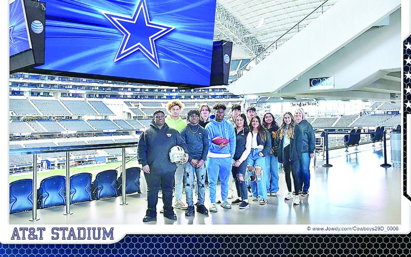 Front row (left to right) Johnny Neal, Tony Grant, Amari Peters, Kaylee Leija, Karina Torres, Morgan Zepeda, Jackie Scoggins (Sports &amp;amp; Entertainment Marketing teacher). Back row (L to R) Carter Chism, Bennett Wall, Josh Bello, Geovany Yepez, Gracie Martinez COURTESY PHOTO