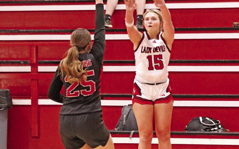 Chapel Hill freshman Brooklyn Buchanan (15) puts up a 3-point shot in a victory over visiting Paris Home School last week.