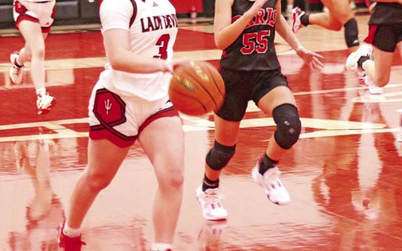 Chapel Hill Lady Red Devil freshman Layla Adler (3) dribbles down court during last week’s win over visiting Paris Home School.